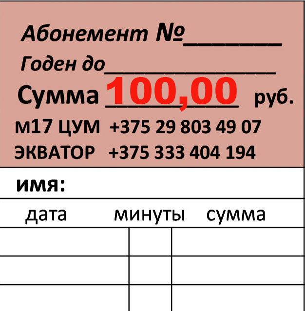 Абонемент (платёжная карта) на 100 руб.
